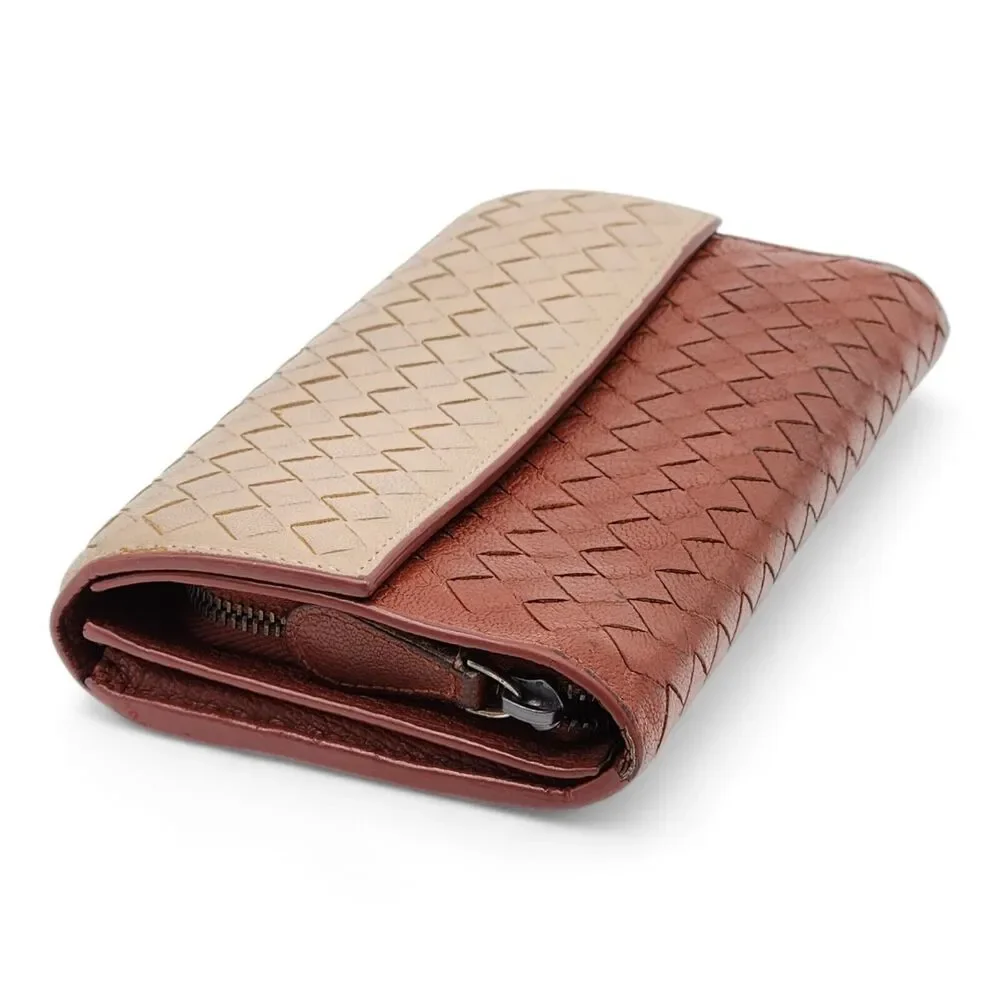 Bottega Veneta Intrecciato Unisex Leather Long Wallet 150509 Beige and Brown
